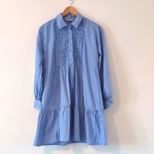 Ophelia Roe Blue Ling Sleeve Midi Modest Cotton Shirt Dress With Eyelet Medium